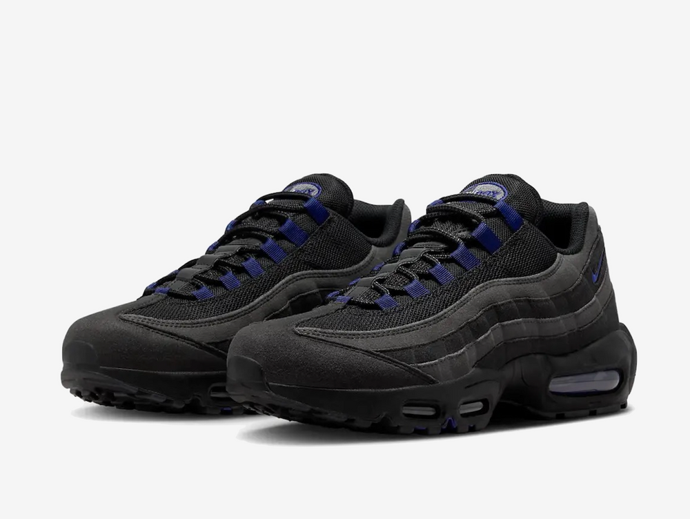 Exclusive Air Max 95 sneakers in a black, grey and blue colourway.