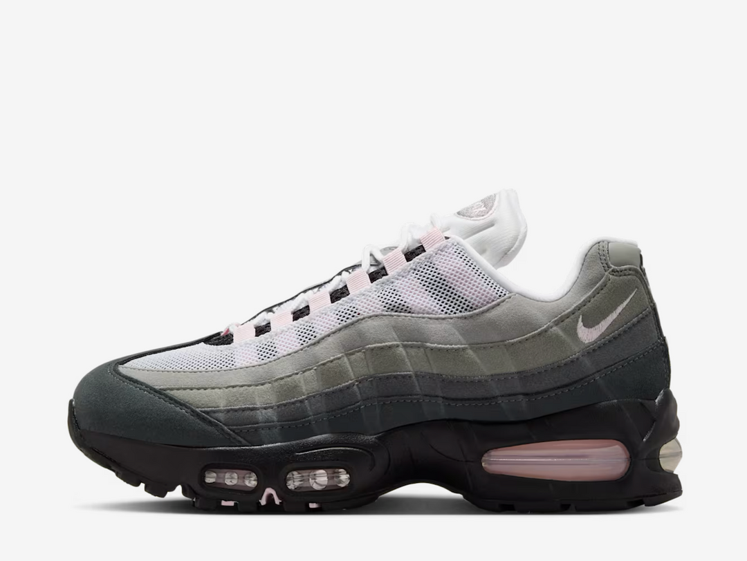 Staying true to the original human-anatomy-inspired design, rippling layers of synthetic leather and airy mesh stack the upper in a gradient that runs black to white. Playful pops of Pink Foam accentuate the lace loops, branding and Air soles. The larger Max Air units in the heel and forefoot highlight the supremely cushioned design, while elevating your style.