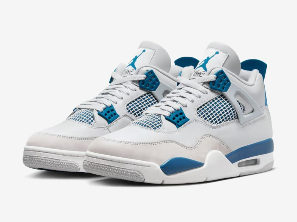 Exclusive Air Jordan 4 sneakers in a white and industrial military blue colourway. Featuring a blend of leather and nubuck materials on the upper.