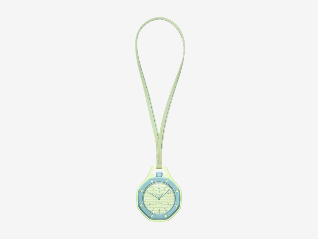 The BLAUE ACHT pocket watch features a lime green dial with a tapisserie effect, as well as hour markers and hands coated in Grade A Super-LumiNova® (blue emission). It has a sapphire crystal that offers enhanced scratch resistance and features an anti‑reflective coating. Reminiscent of AP's Royal Oak collection, it has a light blue octagonal bezel and crown made from Bioceramic and eight, lime green, hexagonal Bioceramic screws welded to the case.