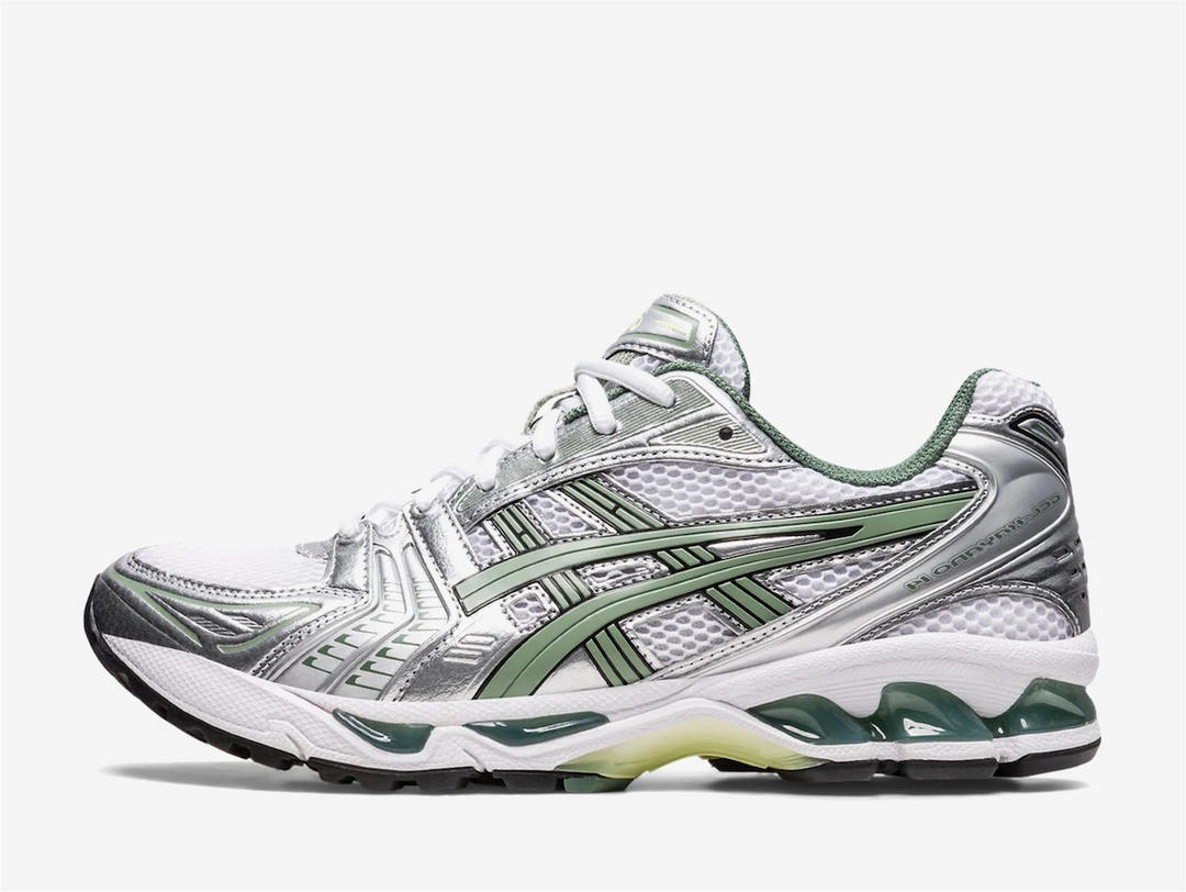 The synthetic leather overlays are mostly metallic silver except on the ASICS Tiger Stripes on both the medial and lateral mid-panels which are soft olive-looking Green. This greyish Green colour repeats on the mesh sock liner and insole and the tongue tab accents. Cream-coloured ASICS branding stands out on the silver tongue tab and the insole. A white midsole with Green GEL inserts and a Green and black rubber outsole finish off the style of this shoe.