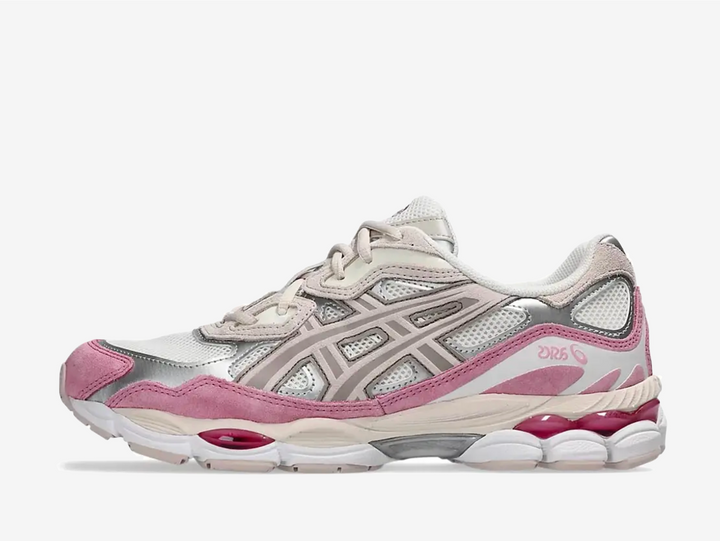 Exclusive Asics sneakers featuring a cream mesh upper reinforced with metallic silver synthetic overlays and beige suede layers, with bright pink accents across the toe box.