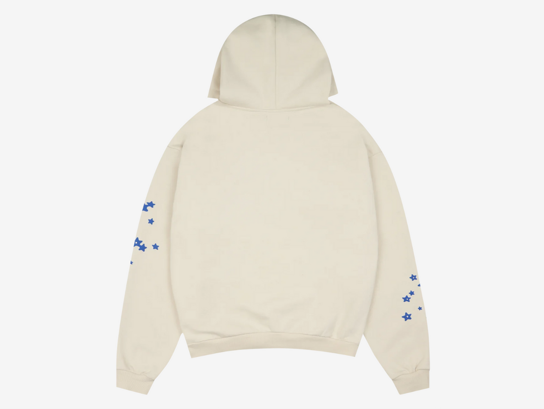 This hoodie features 540 GSM organic cotton fabric with a puff print design accented by rhinestone studs. It includes a soft brushed cotton inner lining, a Sun logo tab on the pocket, and a boxy fit for a contemporary look.