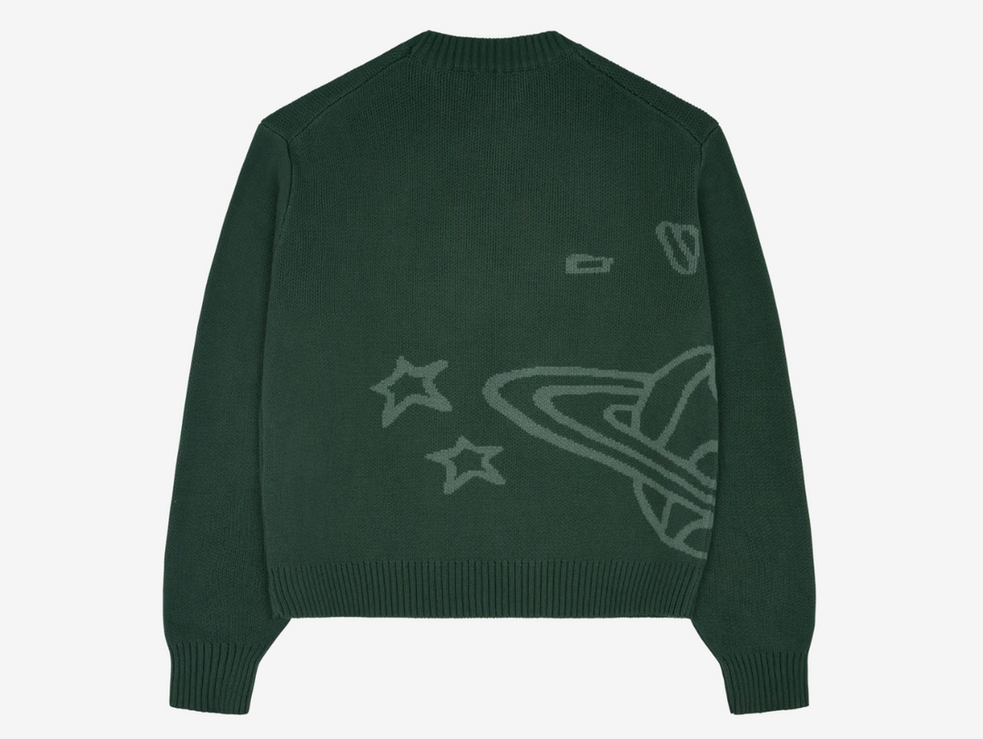 This sweater features heavyweight 900 GSM organic cotton yarn, a bold Planet intarsia graphic, and intricate embroidery on the front. Designed with a boxy, slightly cropped fit for a modern look.