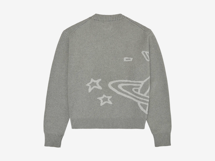 Exclusive Broken Planet Knit Sweater featuring a grey and white colour scheme.