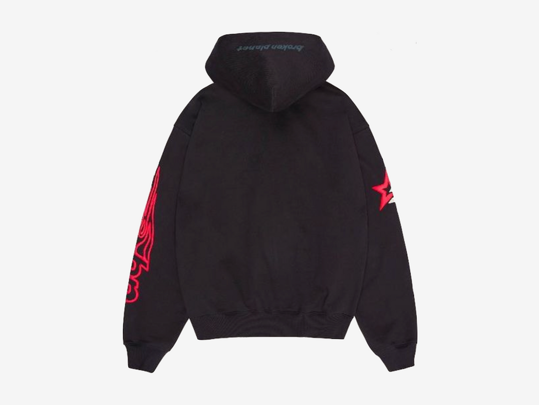 Exclusive Broken Planet zip up hoodie in a black, white and red colourway.