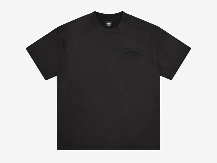 Black Corteiz cut-and-sewn cotton T-shirt featuring a vintage Island Knockout graphic on the left chest and a larger matching print across the centre back.
