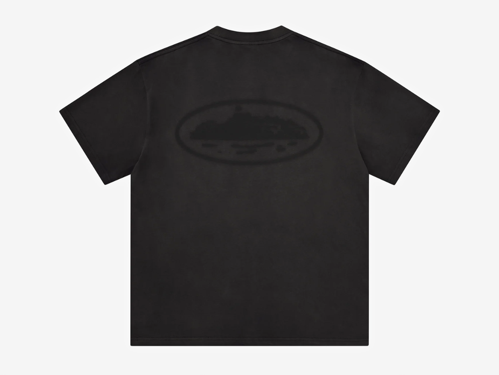 Black Corteiz cut-and-sewn cotton T-shirt featuring a vintage Island Knockout graphic on the left chest and a larger matching print across the centre back.