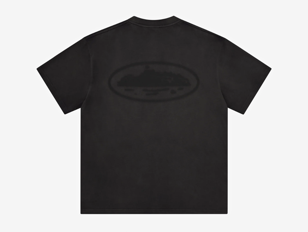 Black Corteiz cut-and-sewn cotton T-shirt featuring a vintage Island Knockout graphic on the left chest and a larger matching print across the centre back.