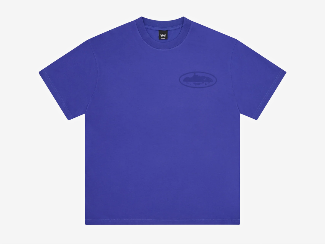 Blue Corteiz cut-and-sewn cotton T-shirt featuring a vintage Island Knockout graphic on the left chest and a larger matching print across the centre back.