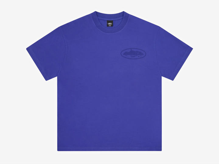 Blue Corteiz cut-and-sewn cotton T-shirt featuring a vintage Island Knockout graphic on the left chest and a larger matching print across the centre back.
