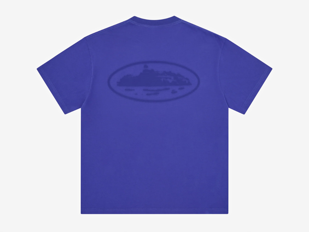 Blue Corteiz cut-and-sewn cotton T-shirt featuring a vintage Island Knockout graphic on the left chest and a larger matching print across the centre back.
