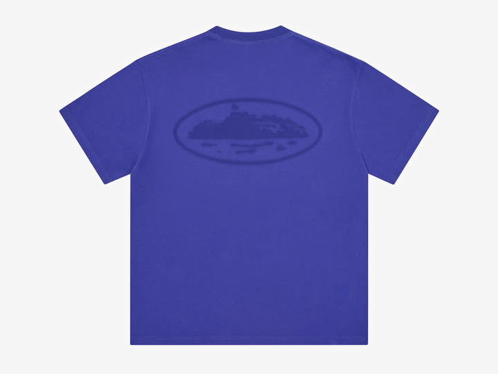 Blue Corteiz cut-and-sewn cotton T-shirt featuring a vintage Island Knockout graphic on the left chest and a larger matching print across the centre back.