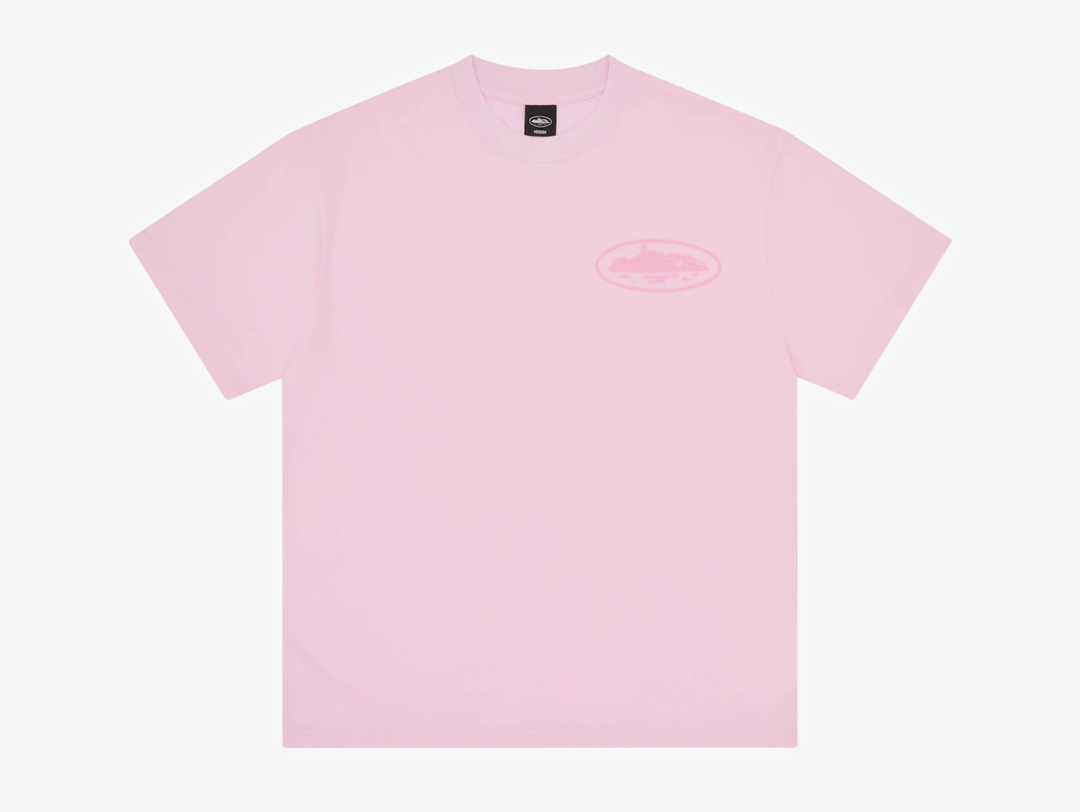 Pink Corteiz cut-and-sewn cotton T-shirt featuring a vintage Island Knockout graphic on the left chest and a larger matching print across the centre back.