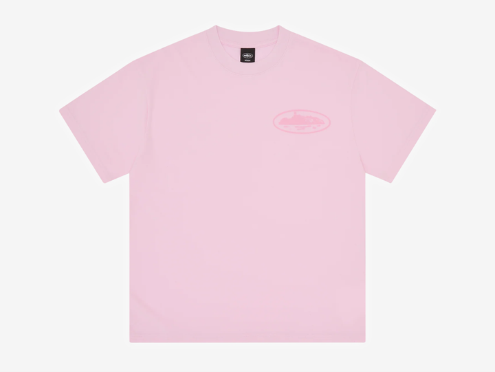 Pink Corteiz cut-and-sewn cotton T-shirt featuring a vintage Island Knockout graphic on the left chest and a larger matching print across the centre back.