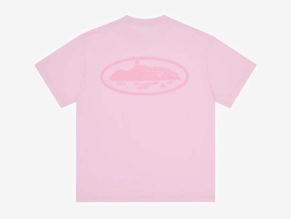 Pink Corteiz cut-and-sewn cotton T-shirt featuring a vintage Island Knockout graphic on the left chest and a larger matching print across the centre back.