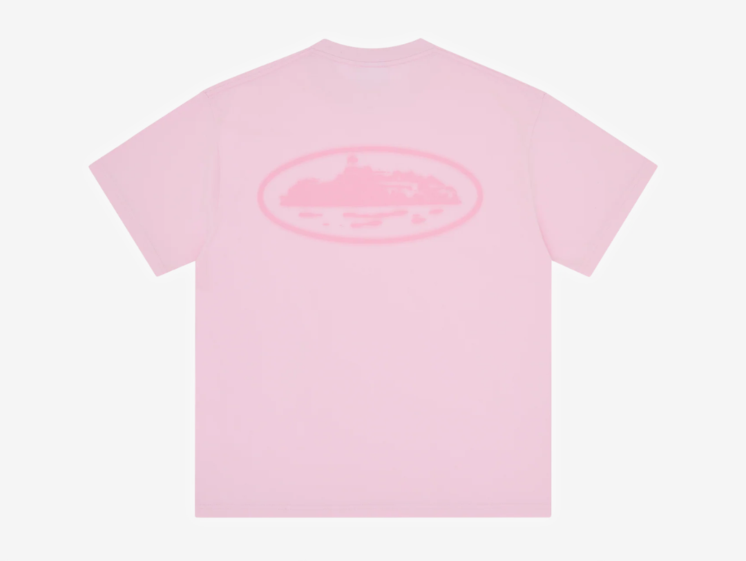 Pink Corteiz cut-and-sewn cotton T-shirt featuring a vintage Island Knockout graphic on the left chest and a larger matching print across the centre back.