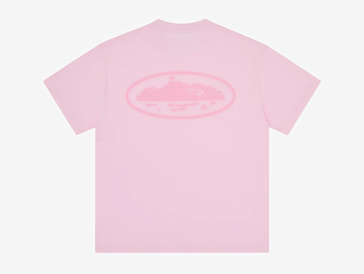 Pink Corteiz cut-and-sewn cotton T-shirt featuring a vintage Island Knockout graphic on the left chest and a larger matching print across the centre back.