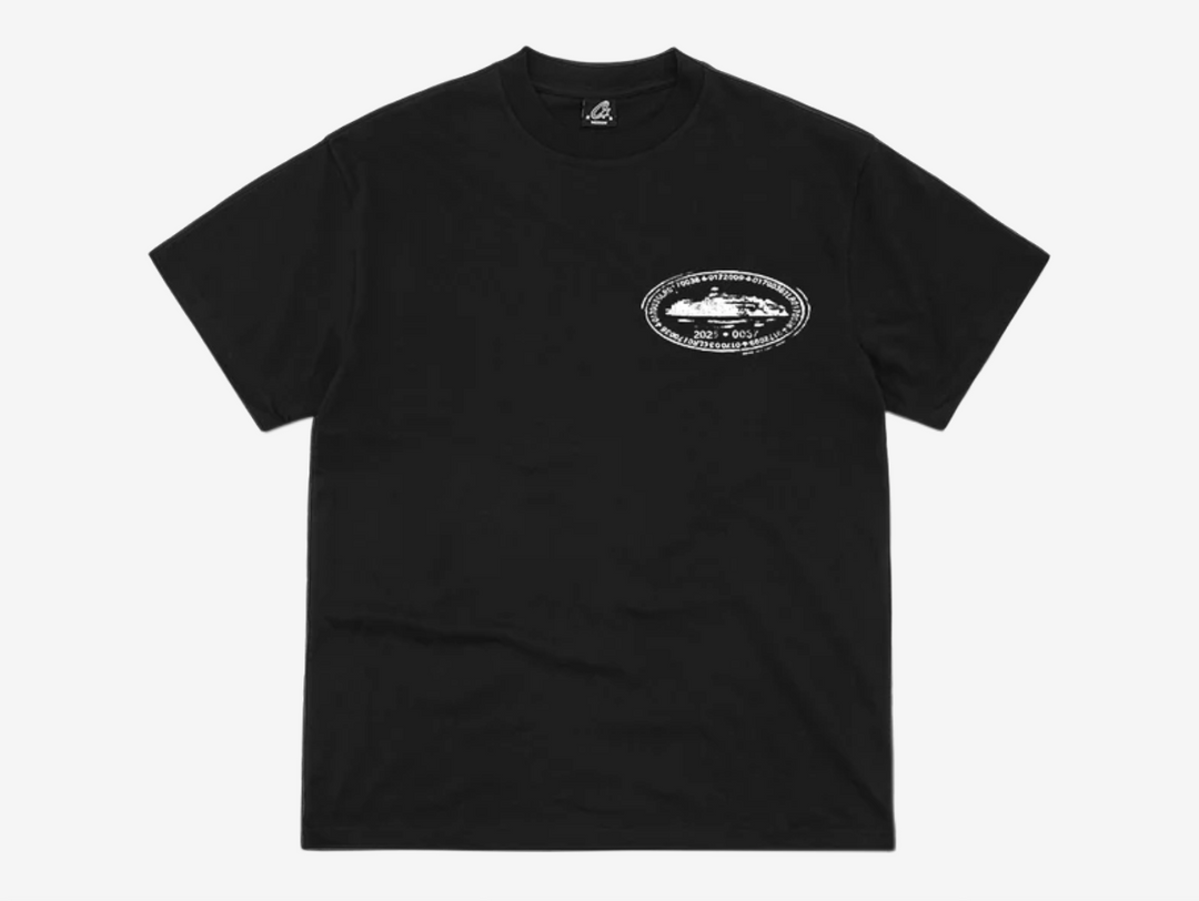 Corteiz T-shirt in 100% cotton with bold screen print graphic and new cut & sew blank, laid flat.