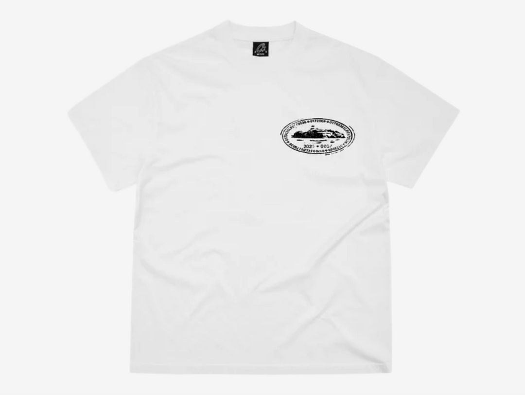 Corteiz T-shirt in 100% cotton with bold screen print graphic and new cut & sew blank, laid flat.