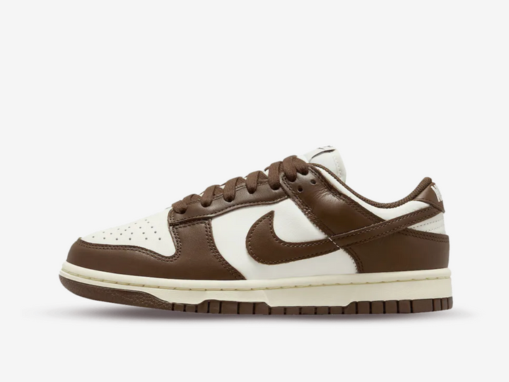 Timeless Dunk Low sneakers in a classic brown and white colour scheme.