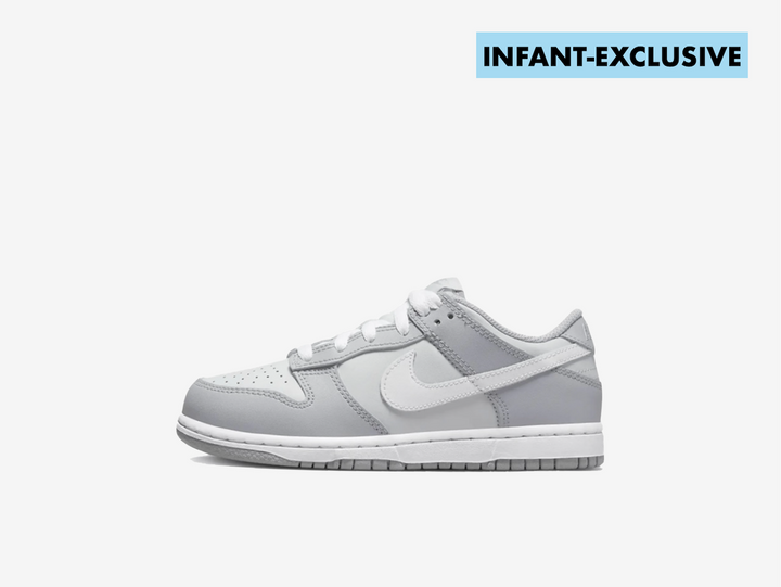Timeless Dunk Low sneakers in a classic grey and white colour scheme.