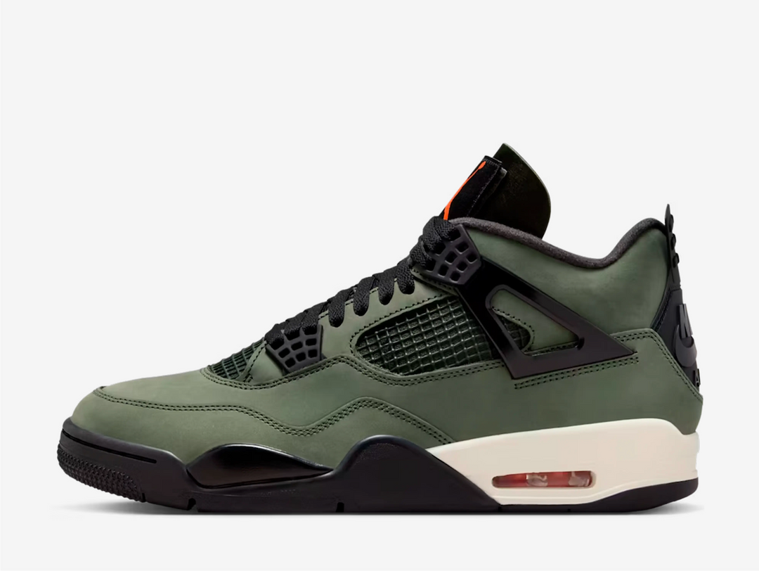 The all-suede upper of this AJ4 is dressed in the titular MA-1 jacket-inspired Olive colour. The oversized tongue black tongue with orange lining features a removable Velcro orange Jumpman-branded tongue tab. The iconic AJ4 netting and plastic weight-reducing eyelet “wings” are all black, matching the laces. A Sail-coloured midsole featuring an exposed Air unit and a black rubber outsole round out the shoe’s design.