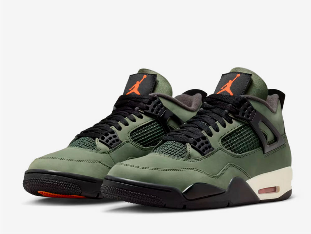 The all-suede upper of this AJ4 is dressed in the titular MA-1 jacket-inspired Olive colour. The oversized tongue black tongue with orange lining features a removable Velcro orange Jumpman-branded tongue tab. The iconic AJ4 netting and plastic weight-reducing eyelet “wings” are all black, matching the laces. A Sail-coloured midsole featuring an exposed Air unit and a black rubber outsole round out the shoe’s design.