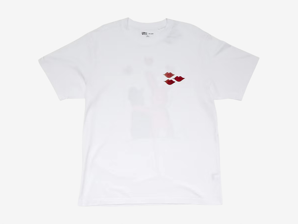 The KAWS x Uniqlo Warhol UT Graphic 476350 T-shirt in White combines KAWS' signature characters with Andy Warhol-inspired artwork in a clean, wearable design. Crafted from 100% cotton, it features a subtle embroidered lips graphic on the chest, while the back showcases an embroidered KAWS Companion embracing the Pink BFF beneath three red hearts, creating a playful yet collectible finish.
