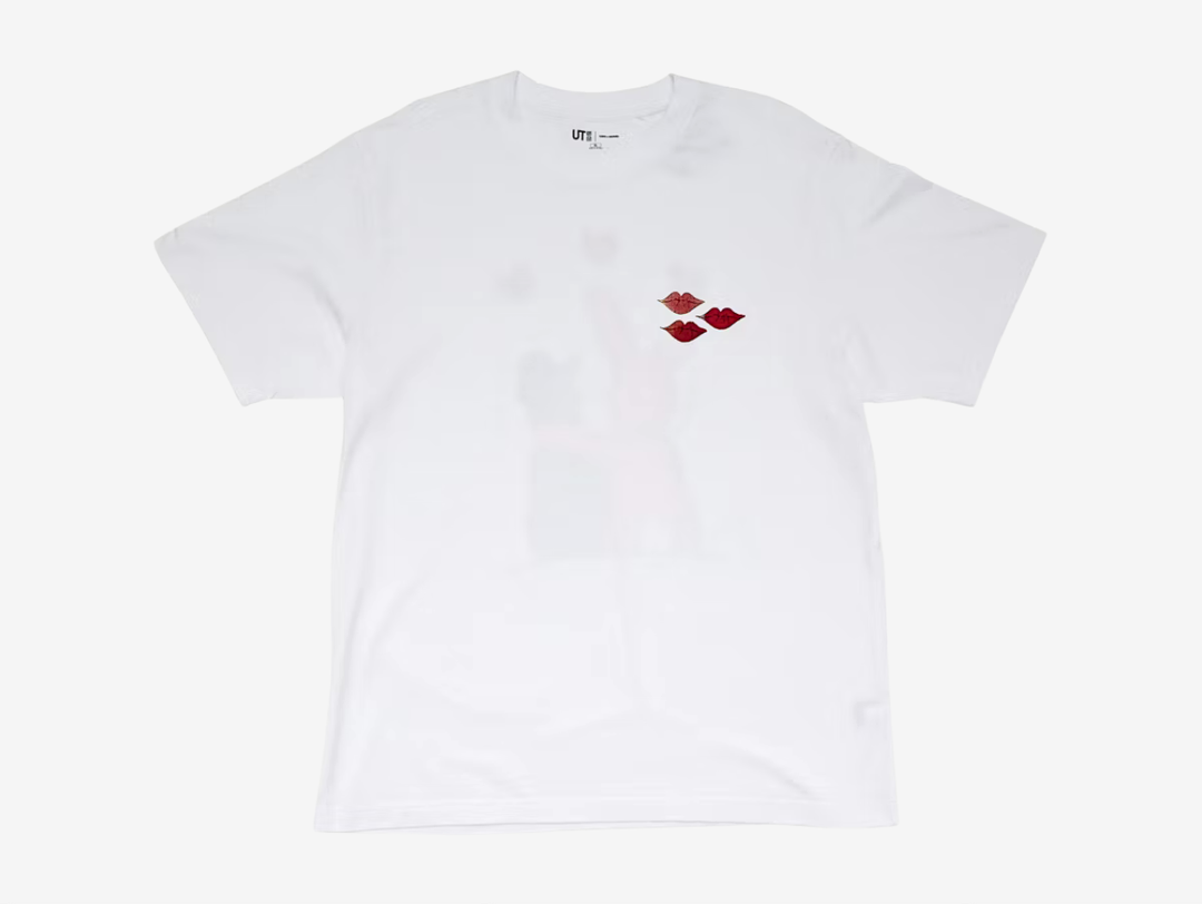 The KAWS x Uniqlo Warhol UT Graphic 476350 T-shirt in White combines KAWS' signature characters with Andy Warhol-inspired artwork in a clean, wearable design. Crafted from 100% cotton, it features a subtle embroidered lips graphic on the chest, while the back showcases an embroidered KAWS Companion embracing the Pink BFF beneath three red hearts, creating a playful yet collectible finish.