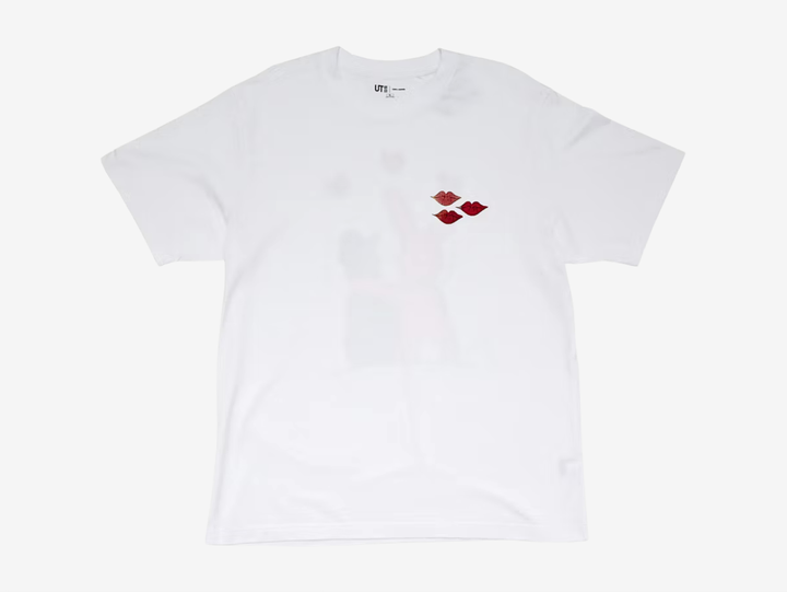 The KAWS x Uniqlo Warhol UT Graphic 476350 T-shirt in White combines KAWS' signature characters with Andy Warhol-inspired artwork in a clean, wearable design. Crafted from 100% cotton, it features a subtle embroidered lips graphic on the chest, while the back showcases an embroidered KAWS Companion embracing the Pink BFF beneath three red hearts, creating a playful yet collectible finish.