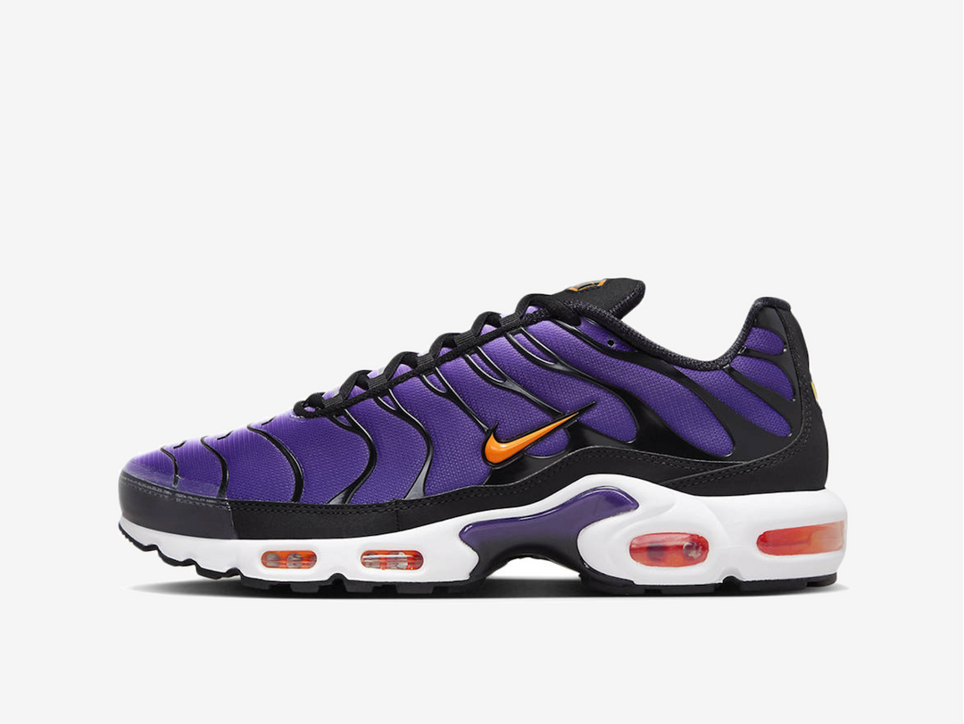 Exclusive Air Max Plus TN sneakers in a purple, orange and white colourway.