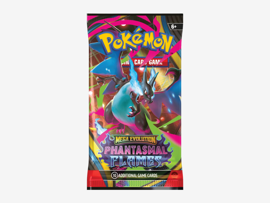 The Pokémon TCG: Mega Evolution — Phantasmal Flames Booster Pack features powerful Mega Evolution Pokémon ex led by Mega Charizard X ex and Mega Gengar ex. With additional appearances from Mega Heracross ex, Mega Lopunny ex and a range of special illustration cards, it offers plenty for collectors to chase.