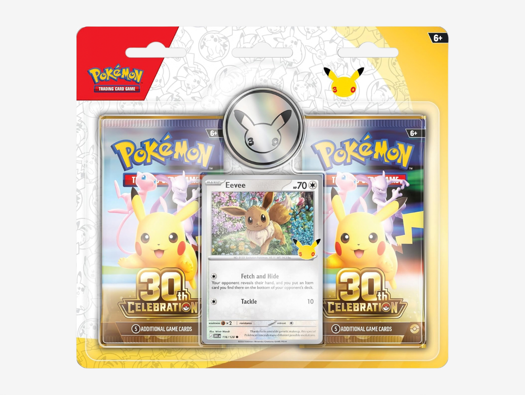 The Pokémon TCG: 30th Celebration 2-Pack Blister Eevee features a foil Eevee promo card, collectible coin and two booster packs from the 30th Celebration expansion. A compact anniversary release combining an exclusive promo with the chance to uncover sought-after cards from the milestone set.