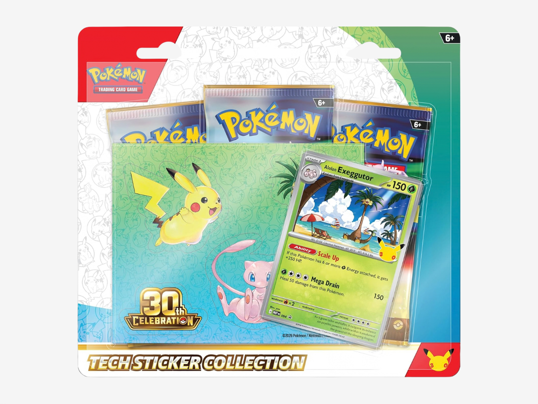 The Pokémon TCG: 30th Celebration Tech Sticker Collection Alolan Exeggutor includes a foil Alolan Exeggutor promo card, themed tech sticker sheet and three 30th Celebration booster packs. Perfect for collectors looking for exclusive anniversary items alongside packs from the special expansion.
