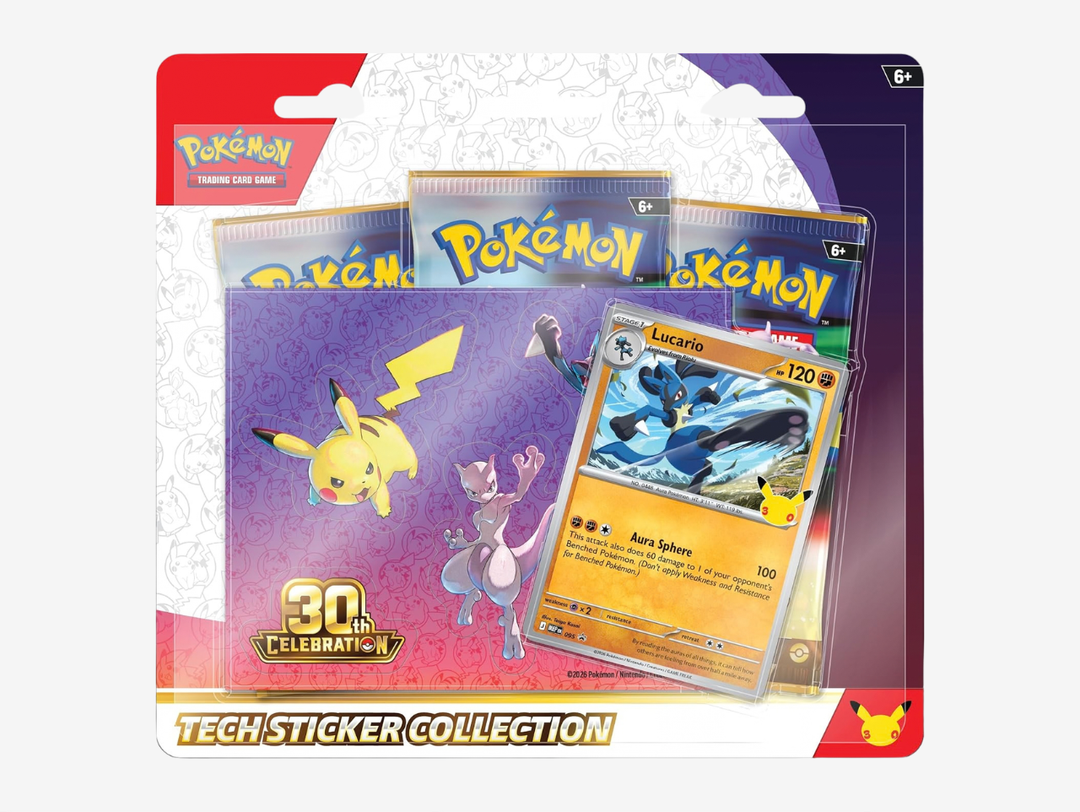 The Pokémon TCG: 30th Celebration Tech Sticker Collection Lucario features a foil Lucario promo card, matching tech sticker sheet and three 30th Celebration booster packs. A great collectible for Lucario fans while offering the chance to discover standout cards from Pokémon’s milestone anniversary expansion.