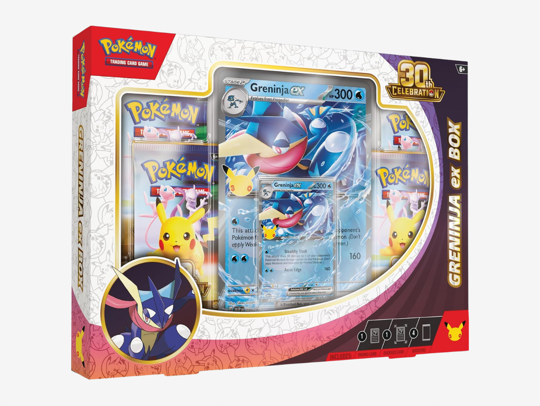 The Pokémon TCG 30th Celebration Greninja ex Box features Greninja ex as both a foil promo card and oversized display card, alongside four booster packs from the special anniversary expansion. A strong choice for collectors looking to celebrate 30 years of Pokémon with one of the set’s standout Pokémon.