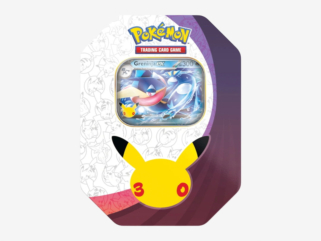 The Pokémon TCG: 30th Celebration Greninja ex Tin features an exclusive foil Greninja ex promo card alongside four booster packs from the special 30th Celebration expansion. A great choice for collectors looking to celebrate 30 years of Pokémon while chasing rare cards, Pikachu variants and standout anniversary pulls.