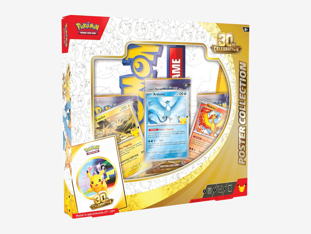 The Pokémon TCG 30th Celebration Poster Collection includes foil promo cards featuring Articuno, Zapdos and Moltres, three anniversary booster packs and a double-sided collectible poster. Perfect for collectors looking for exclusive promos alongside packs from the milestone expansion.