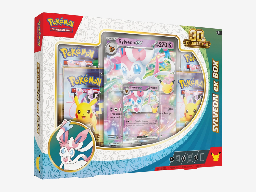 The Pokémon TCG: 30th Celebration Sylveon ex Box features a foil Sylveon ex promo card alongside an oversized display version and four booster packs from the special 30th Celebration expansion. Perfect for collectors looking to celebrate 30 years of Pokémon while chasing rare cards and standout anniversary pulls.