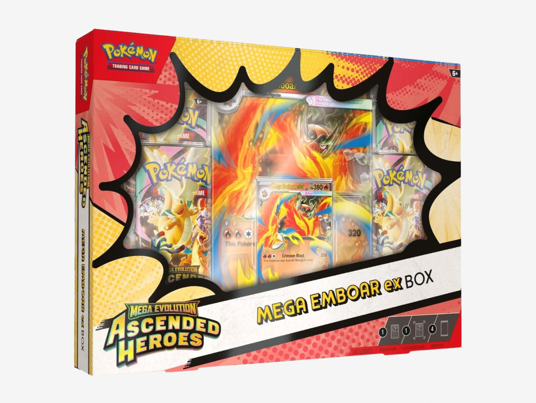 The Pokémon TCG: Mega Evolution Ascended Heroes Mega Emboar ex Box is a great choice for expanding your collection from the Ascended Heroes expansion. Featuring 4 booster packs, it offers the chance to pull Mega Evolution Pokémon ex, rare Trainer cards, and full-art cards, alongside exclusive promos. The box includes a foil Mega Emboar ex promo and an additional Tepig card, making it a strong option for opening packs and adding standout pieces to your collection.