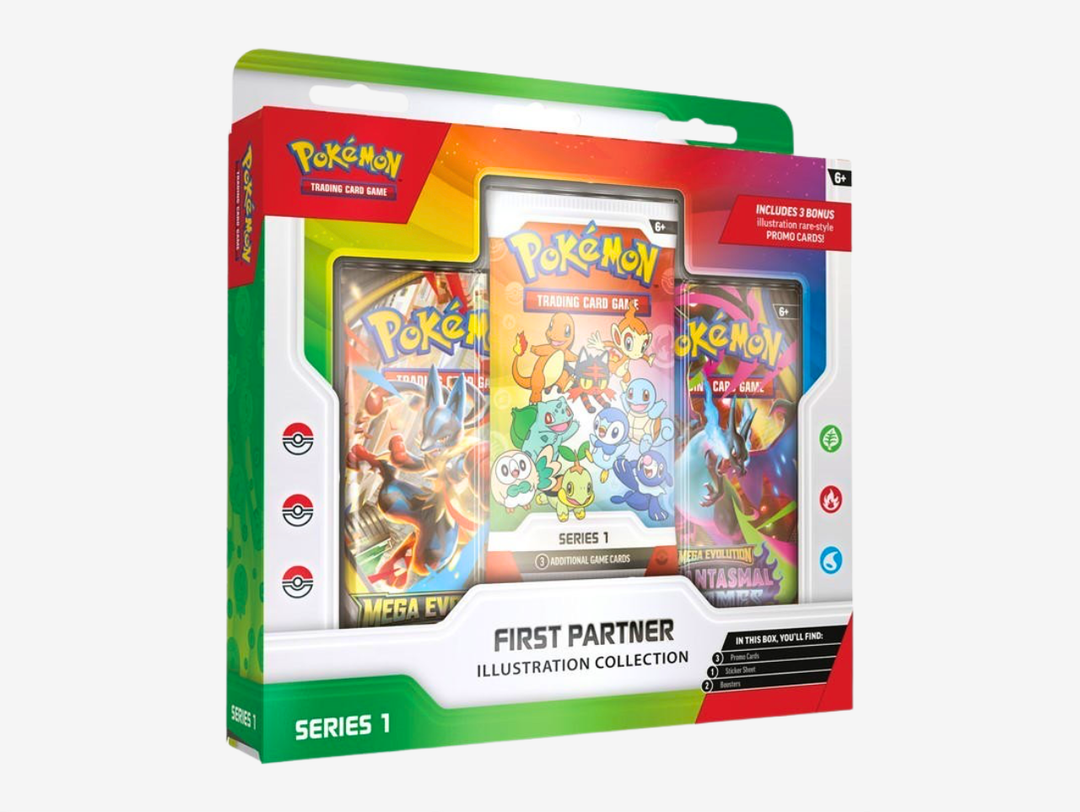 The Pokémon TCG: First Partner Illustration Collection is a special collector’s set celebrating iconic partner Pokémon with exclusive illustrated promo cards. This collection includes 3 promo cards, 2 booster packs, and a sticker sheet, making it a great choice for both collectors and players looking to add unique pieces to their collection. Combining collectible artwork with Pokémon TCG booster packs, the First Partner Illustration Collection is perfect for expanding your collection.
