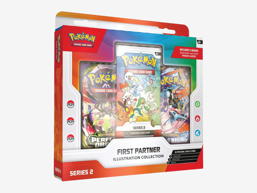 Pokémon TCG First Partner Illustration Collection Series 2 featuring 3 illustrated promo cards, 2 booster packs and a sticker sheet.