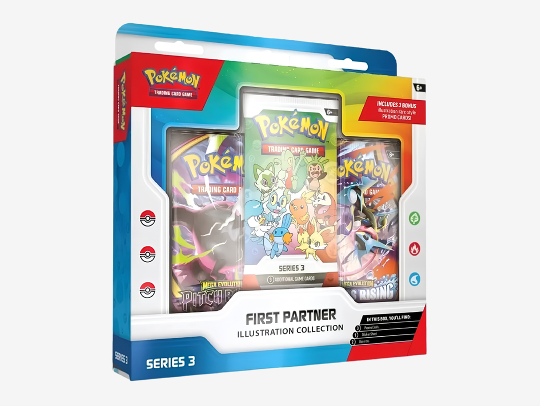 The Pokémon TCG: First Partner Illustration Collection Series 3 is a special collector’s set celebrating another selection of iconic partner Pokémon with exclusive illustrated promo cards. This collection includes 3 promo cards, 2 booster packs and a sticker sheet, making it a great choice for collectors and players looking to add unique pieces to their collection. Combining collectible artwork with Pokémon TCG booster packs, Series 3 is perfect for expanding your collection.