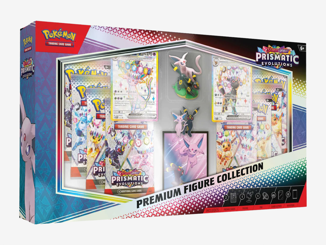 This premium figure collection is a standout display piece that also delivers plenty of playable content. It includes two etched‑foil promo cards, a display figure, an enamel pin, and themed sleeves, plus eleven Prismatic Evolutions booster packs—so it works as both a collectible showpiece and a fun opening experience. Because it blends decorative elements with actual pack value, it’s ideal when you want something that looks special on a shelf but still gives you meaningful pulls for decks or trade.