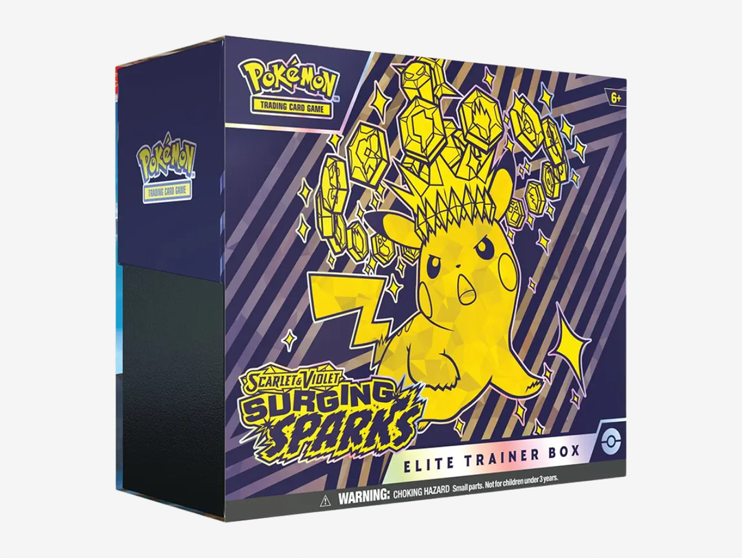 The Pokémon TCG: Surging Sparks Elite Trainer Box is a premium set for Trainers looking to power up their collection with electrifying new cards. Featuring booster packs from the Surging Sparks expansion, it offers chances to pull rare Pokémon, powerful Trainer cards, and standout full-art pulls. The box also includes themed card sleeves, energy cards, dice, condition markers, and a player’s guide, perfect for both gameplay and display.