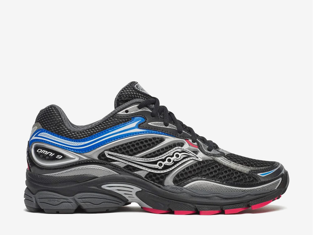 This pair features a breathable black open-mesh upper with metallic silver overlays for a sleek, performance-inspired look. Bright blue accents and subtle red detailing add bold contrast while maintaining everyday versatility. Underfoot, Saucony's ProGrid cushioning delivers reliable comfort and support, while a durable rubber outsole provides lasting grip and stability.