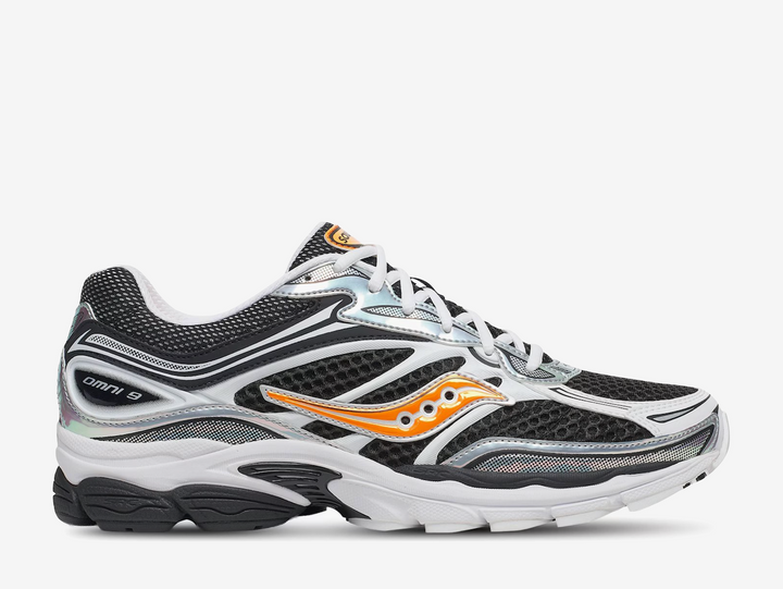 The White Black Orange colourway features a clean white base with black overlays and bright orange accents throughout, creating a sharp contrast with a sporty edge. Finished with classic Saucony branding and a cushioned sole, the Saucony ProGrid Omni 9 Speed Shades White Black Orange blends retro performance heritage with standout everyday styling.