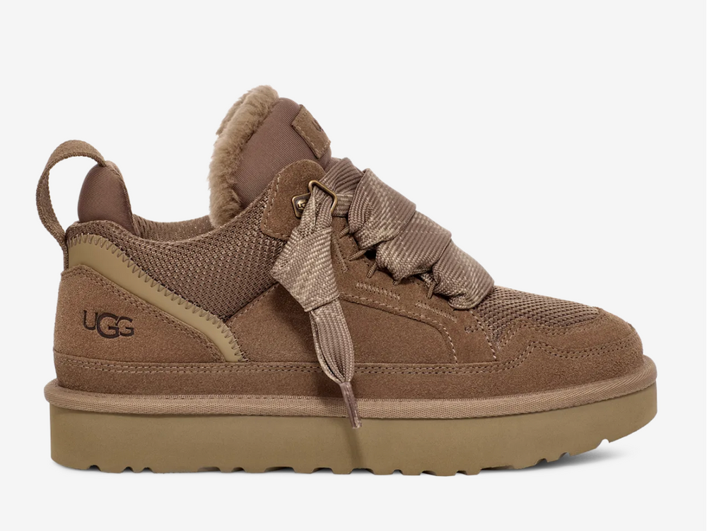 Exclusive UGG Lowmel trainers in a brown and green colour scheme, featuring a suede upper and plush sheep skin lining.