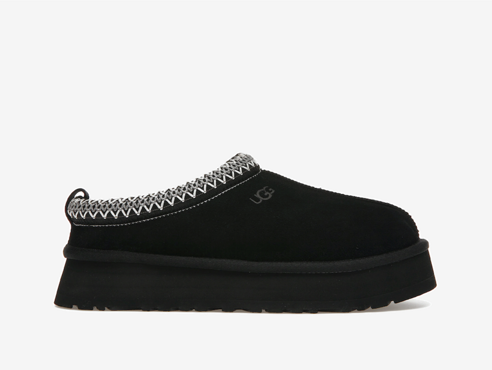 Comfortable UGG platform slippers in a black and white colourway.